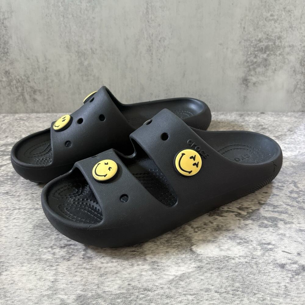 Crocs Classic Two Strap Slide Sandals Black Women Size 8 Face Jibbitz